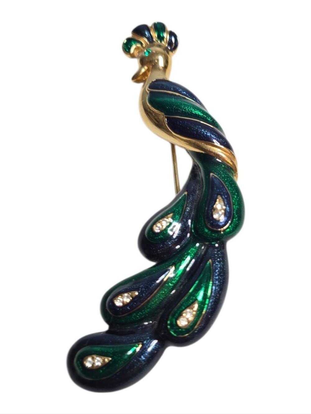 Vintage Gold Tone Enamel Peacock Pin Brooch with Green Eye Clear Rhinestones